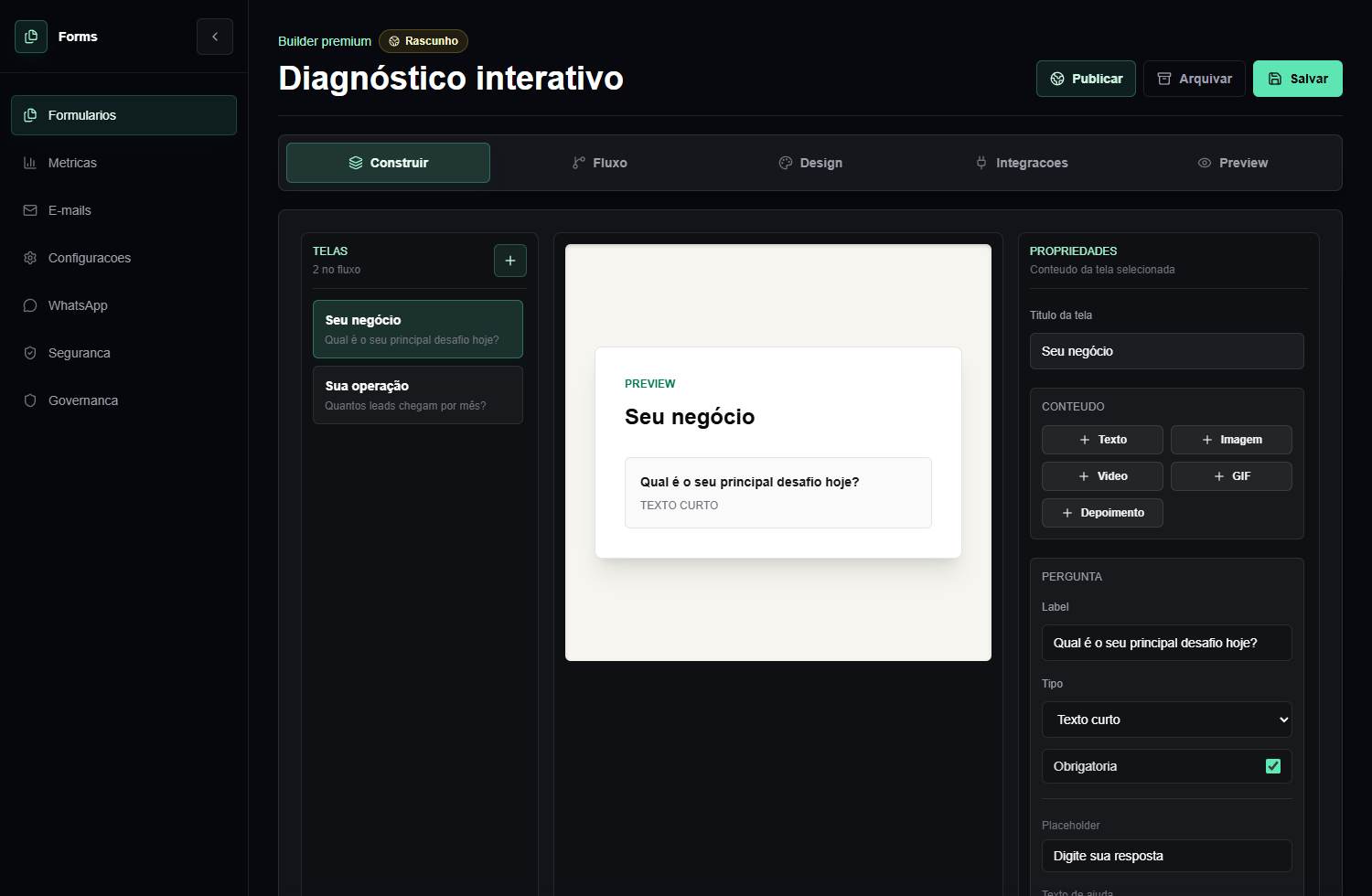 Interface demonstrativa do Forms Dinâmicos, com dados fictícios.
