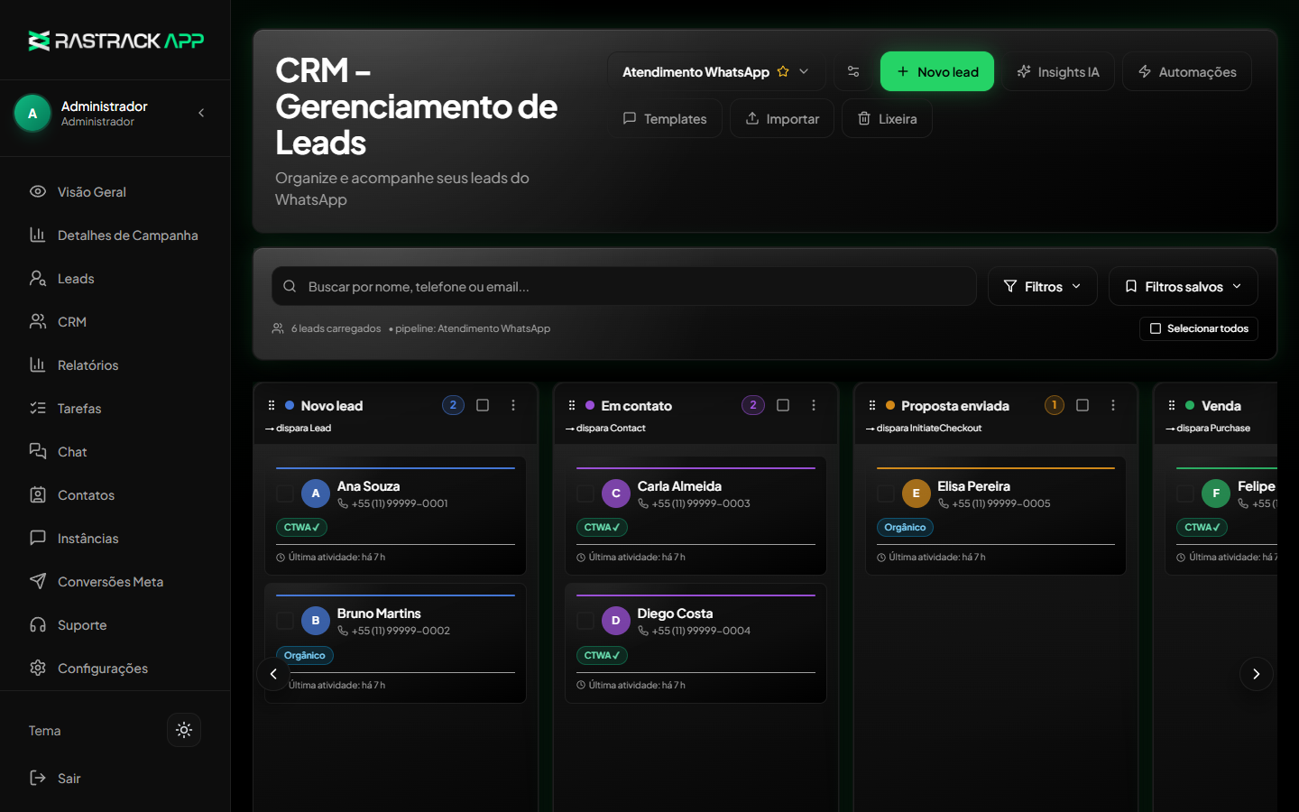 Interface demonstrativa do Rastrack App, com dados fictícios.