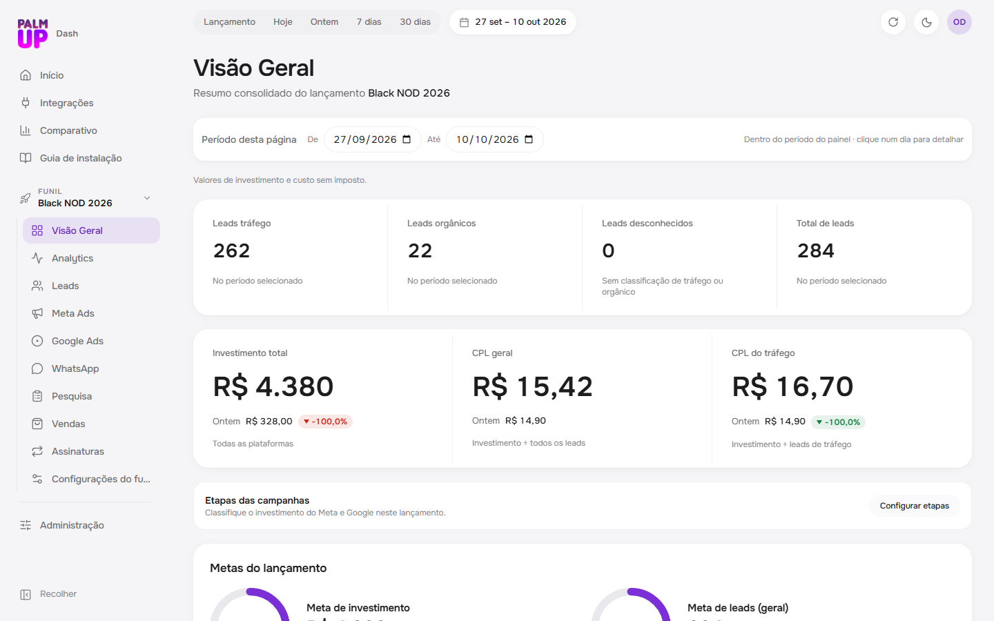 Interface demonstrativa do RastrackDash Lançamento, com dados fictícios.