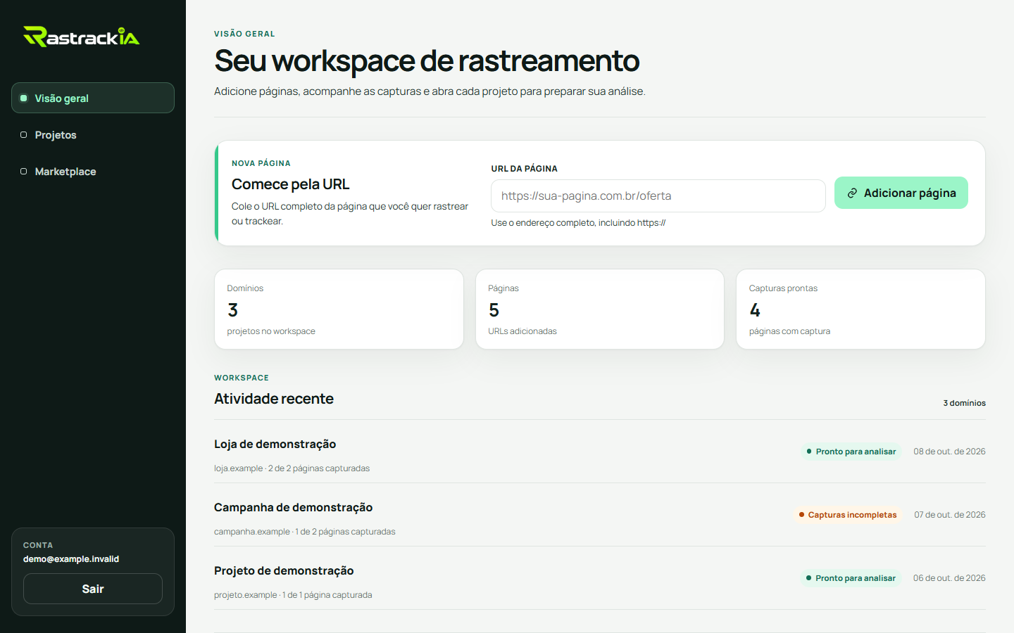 Interface demonstrativa do RastrackIA, com dados fictícios.